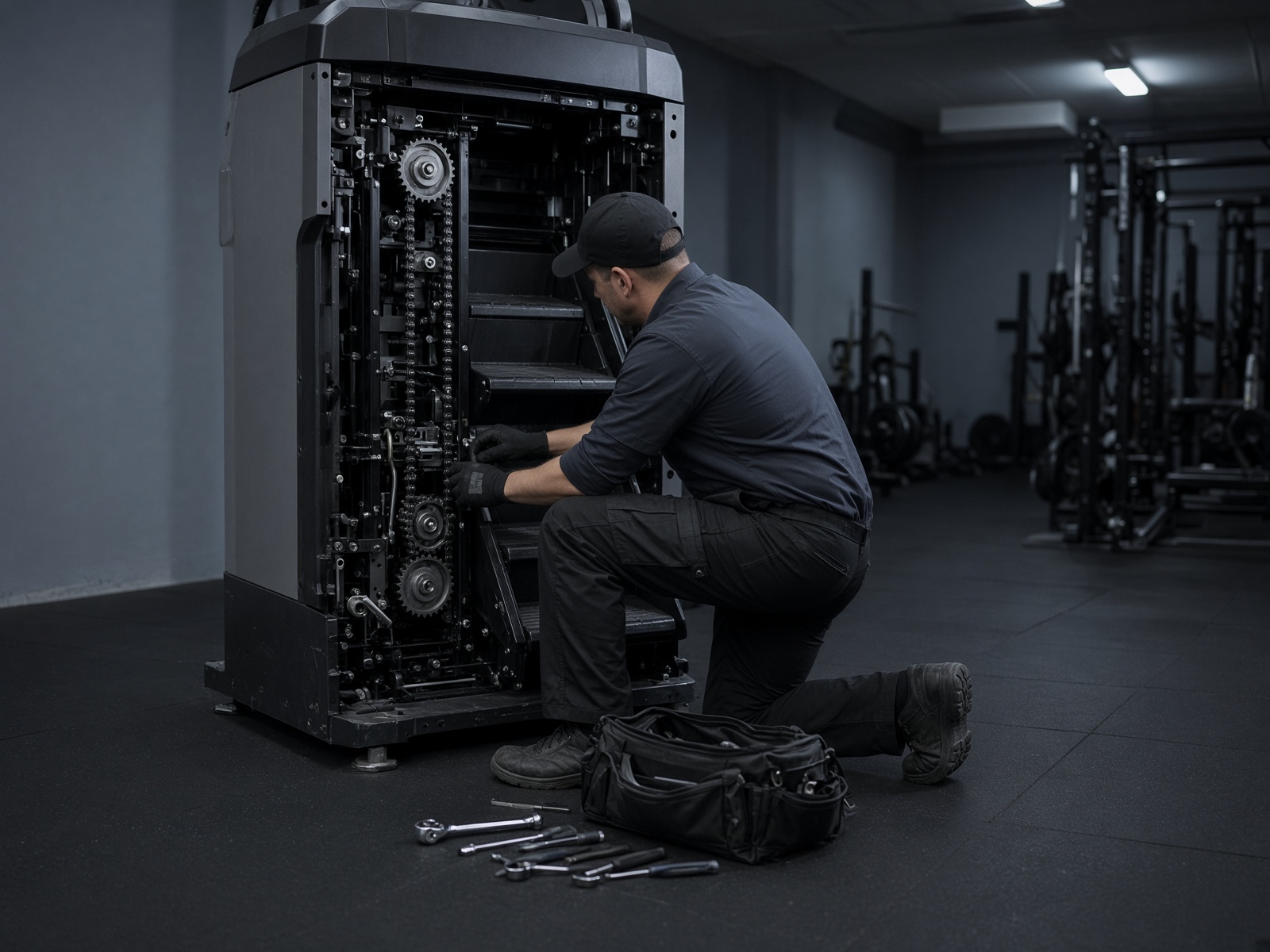 Technician servicing a commercial stair climber with the side shroud removed