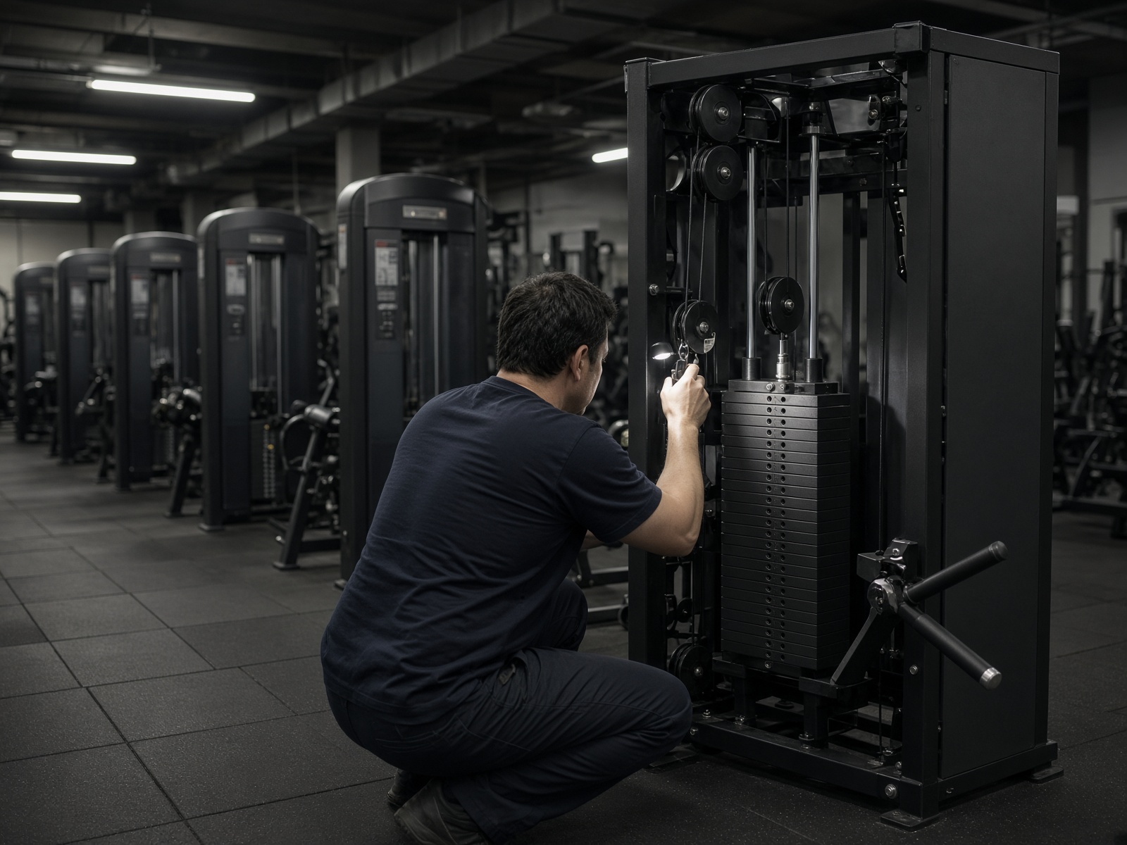 Technician adjusting a selectorized strength machine pulley and weight stack