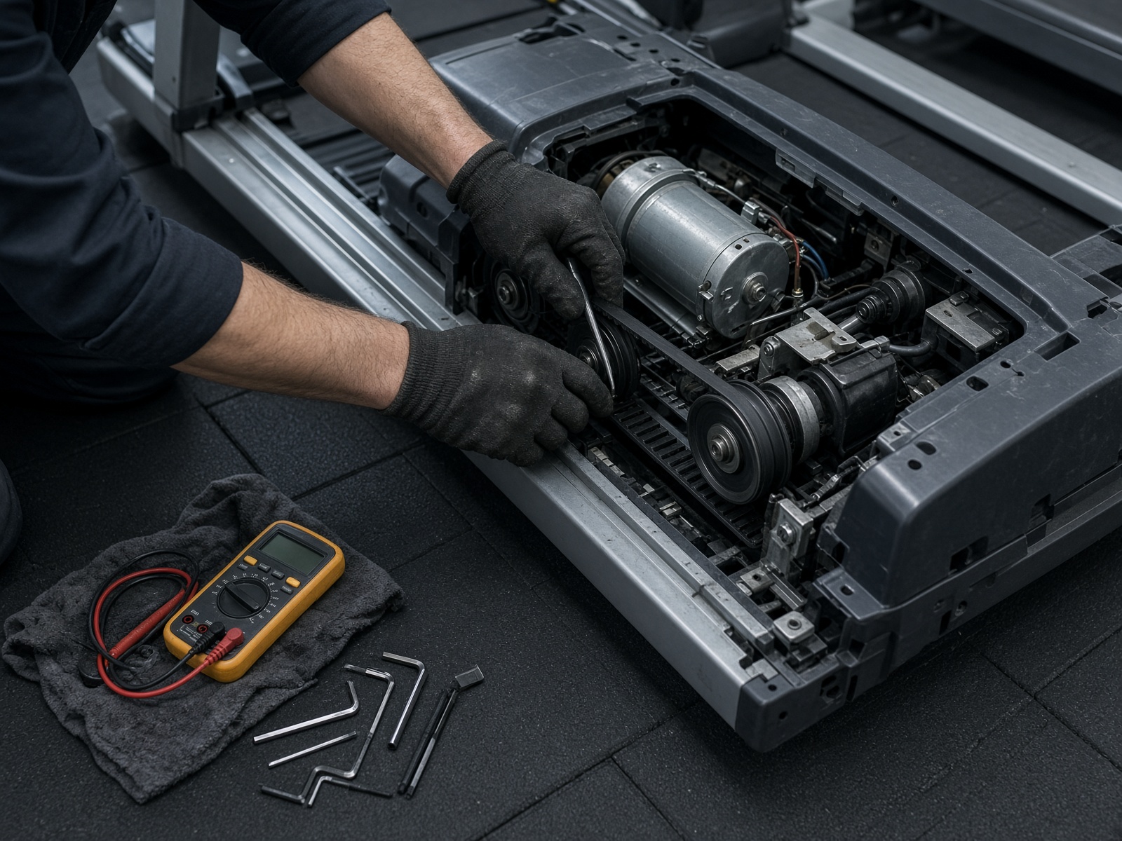 Hands repairing a commercial treadmill motor and drive belt